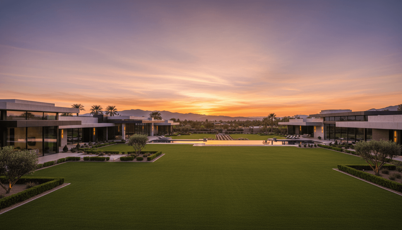 Luxury residential estate with manicured lawn and modern architecture at golden hour