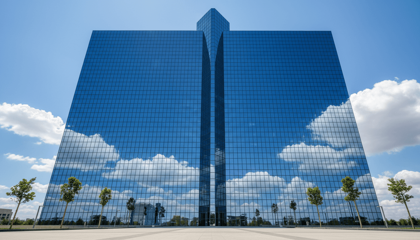 Glass exterior mirroring the sky above a downtown skyline