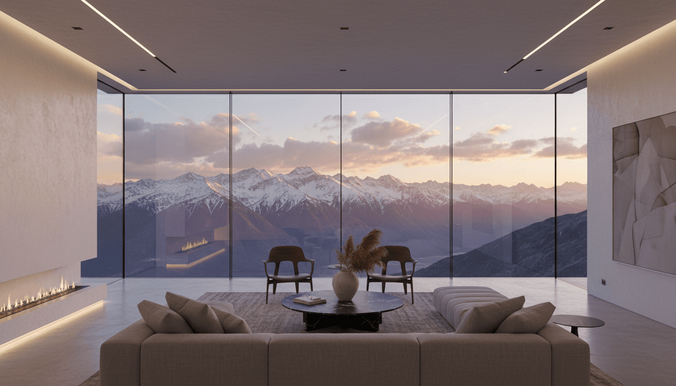 Floor-to-ceiling glass framing a sunset over distant peaks