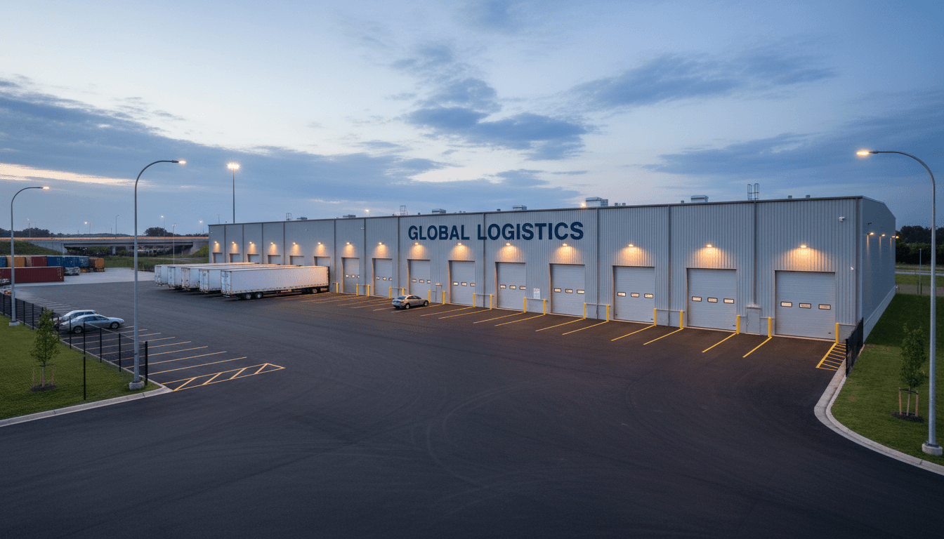 Industrial warehouse facility with large roll-up doors and parking lot