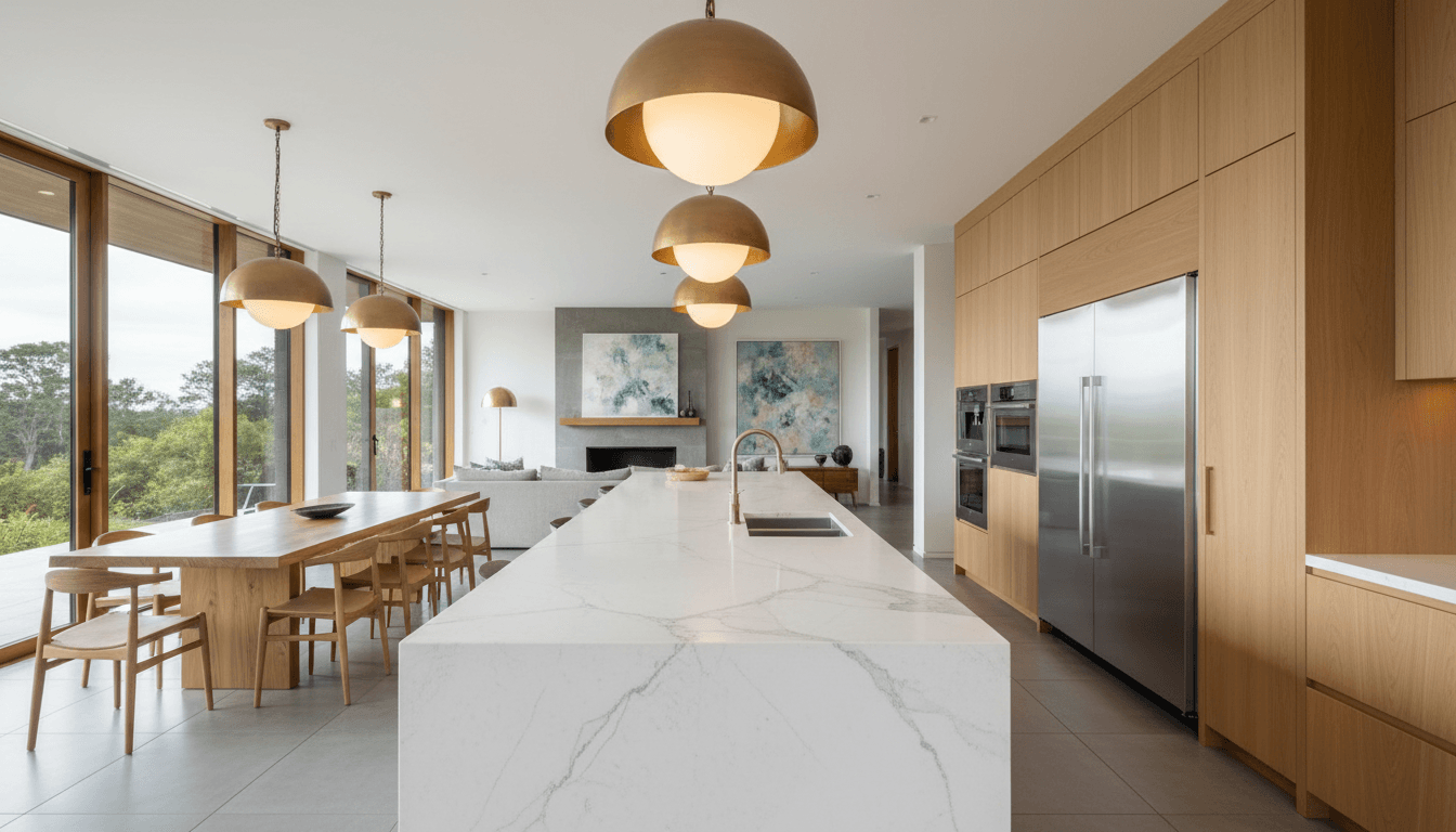 Marble and wood surfaces catching the glow of overhead pendants