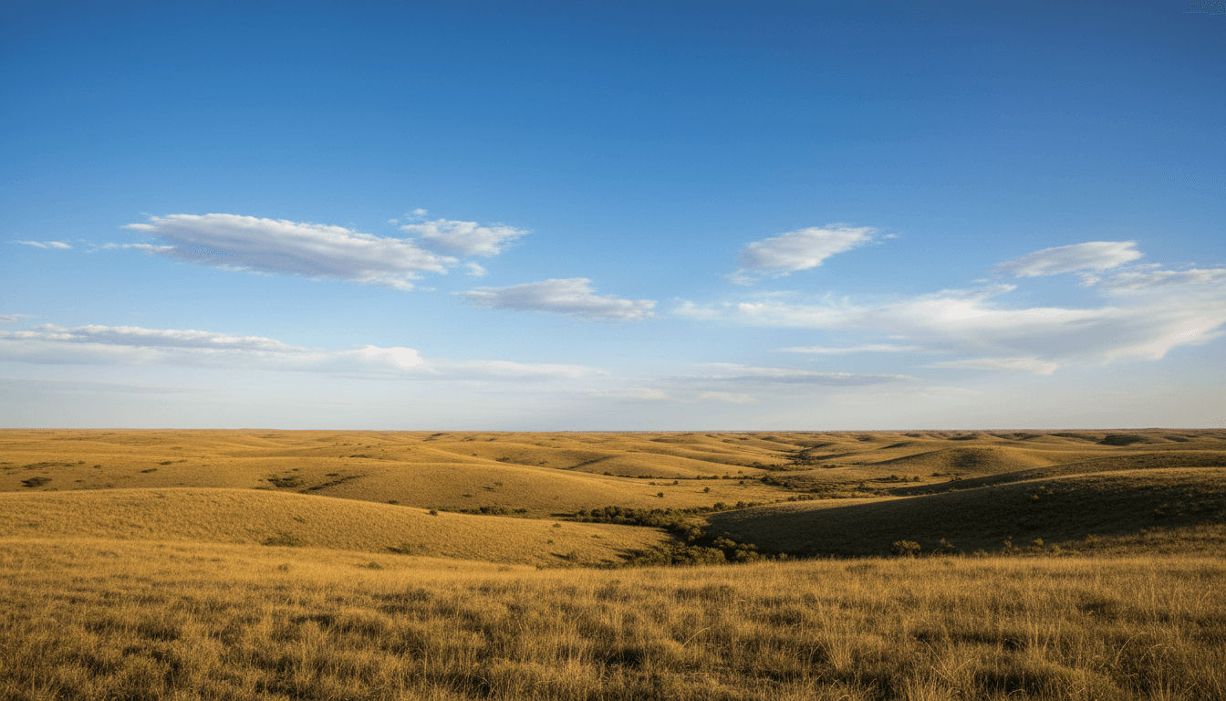 Wide-angle view of undeveloped land with rolling hills and blue sky