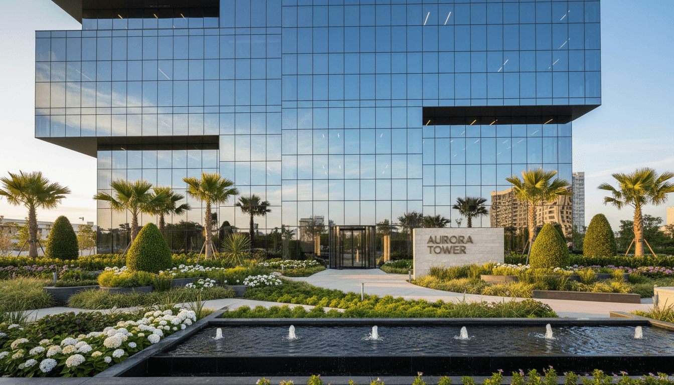 Modern commercial building exterior with glass facade and professional landscaping