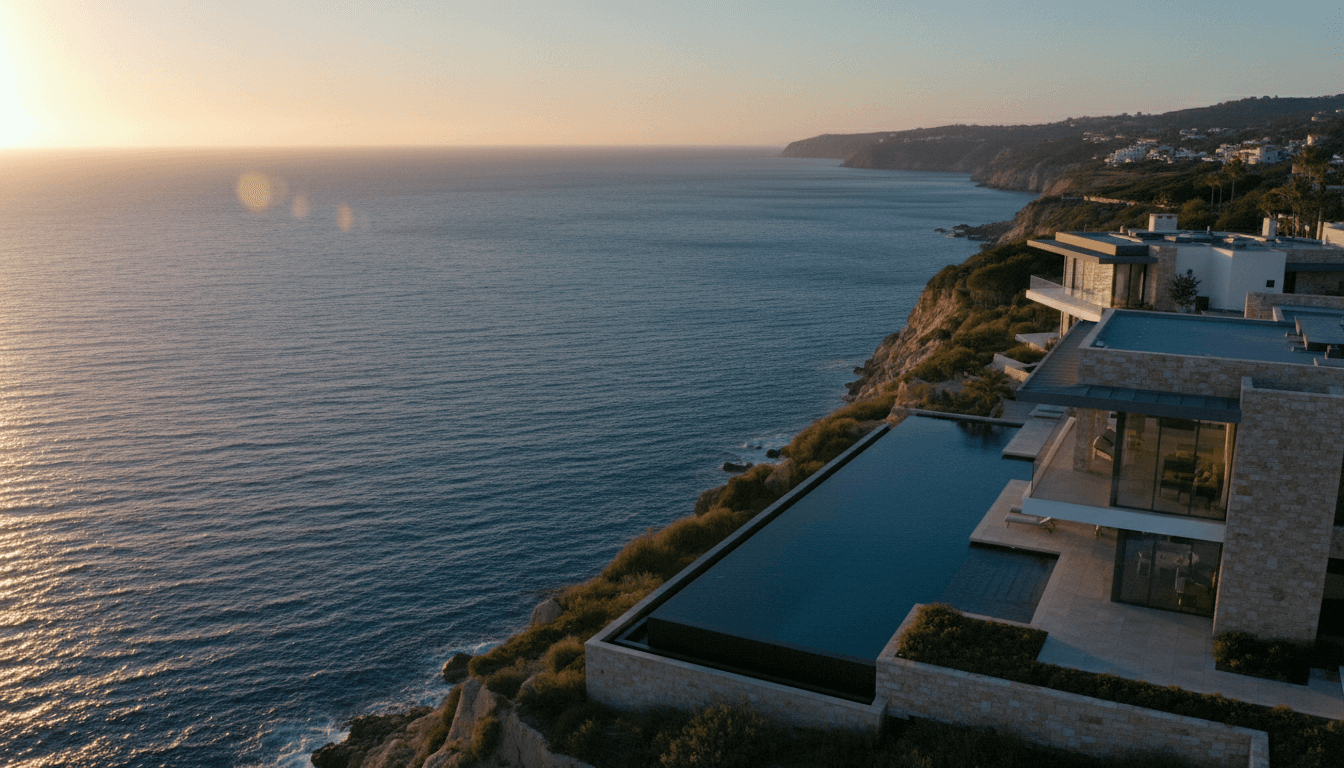 Vast luxury estate at dusk, captured from a low drone angle with warm sky and ocean backdrop