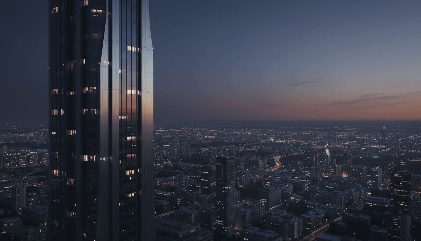 Modern high-rise building at dusk with warm lit windows against a dark sky