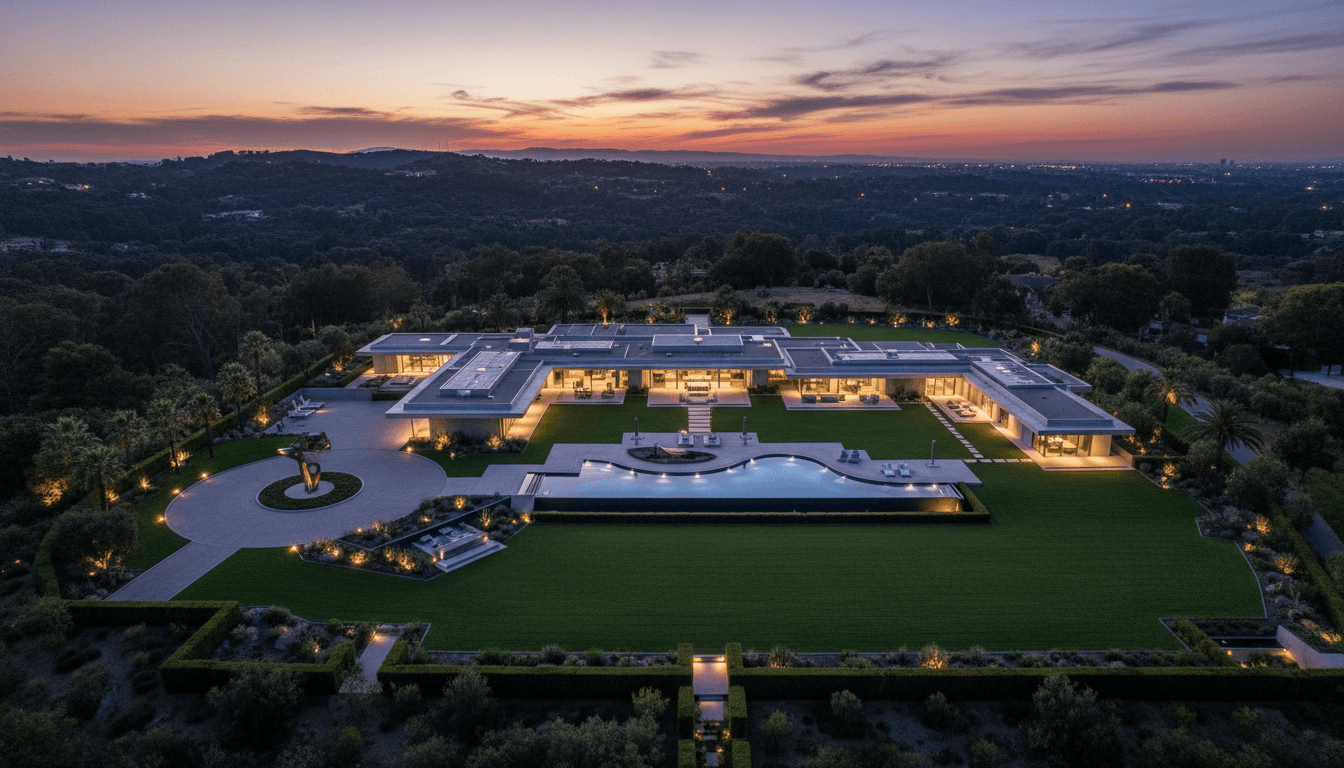 Aerial view of a private estate wrapped in warm dusk light