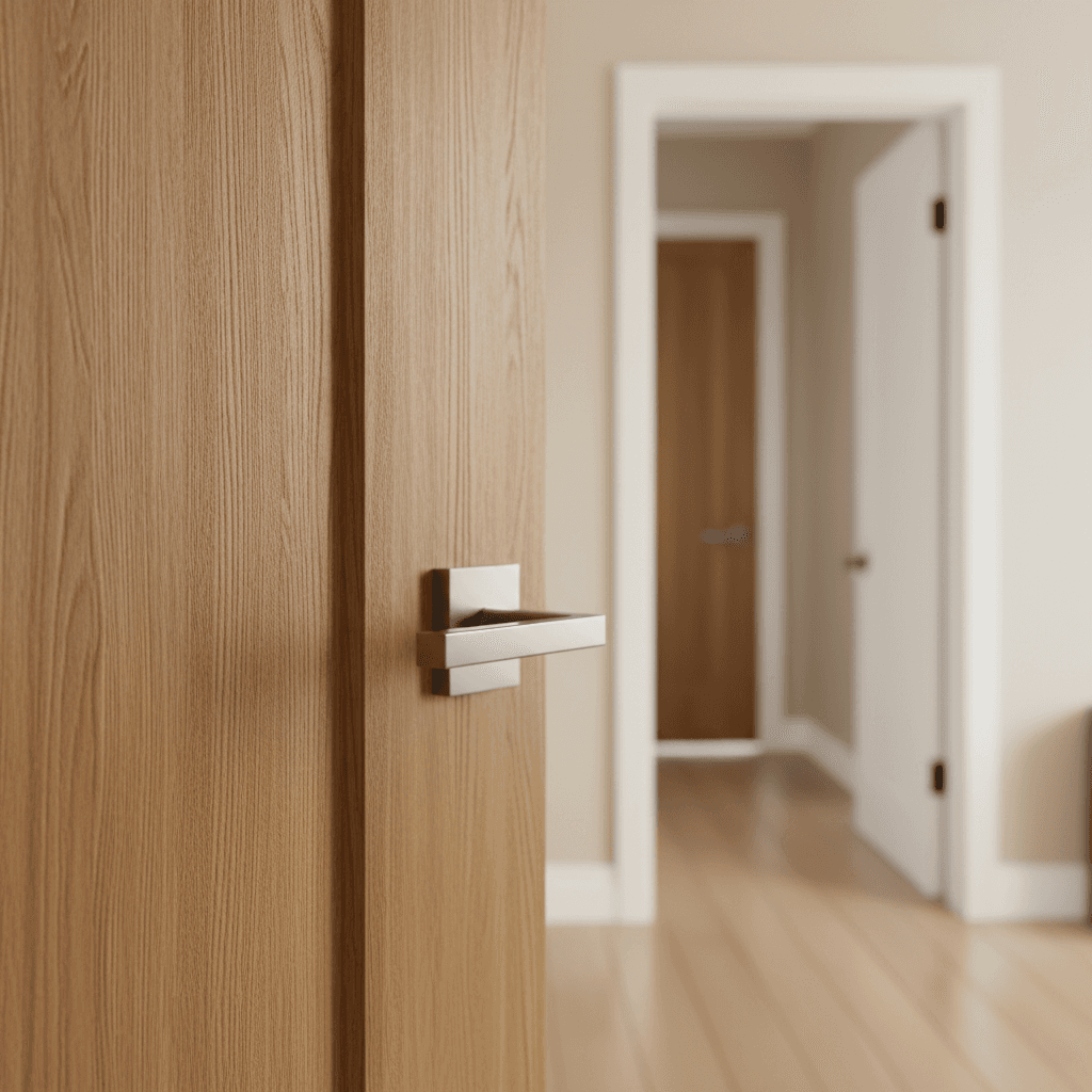 Close-up of a brass door handle on a carved oak luxury entry door