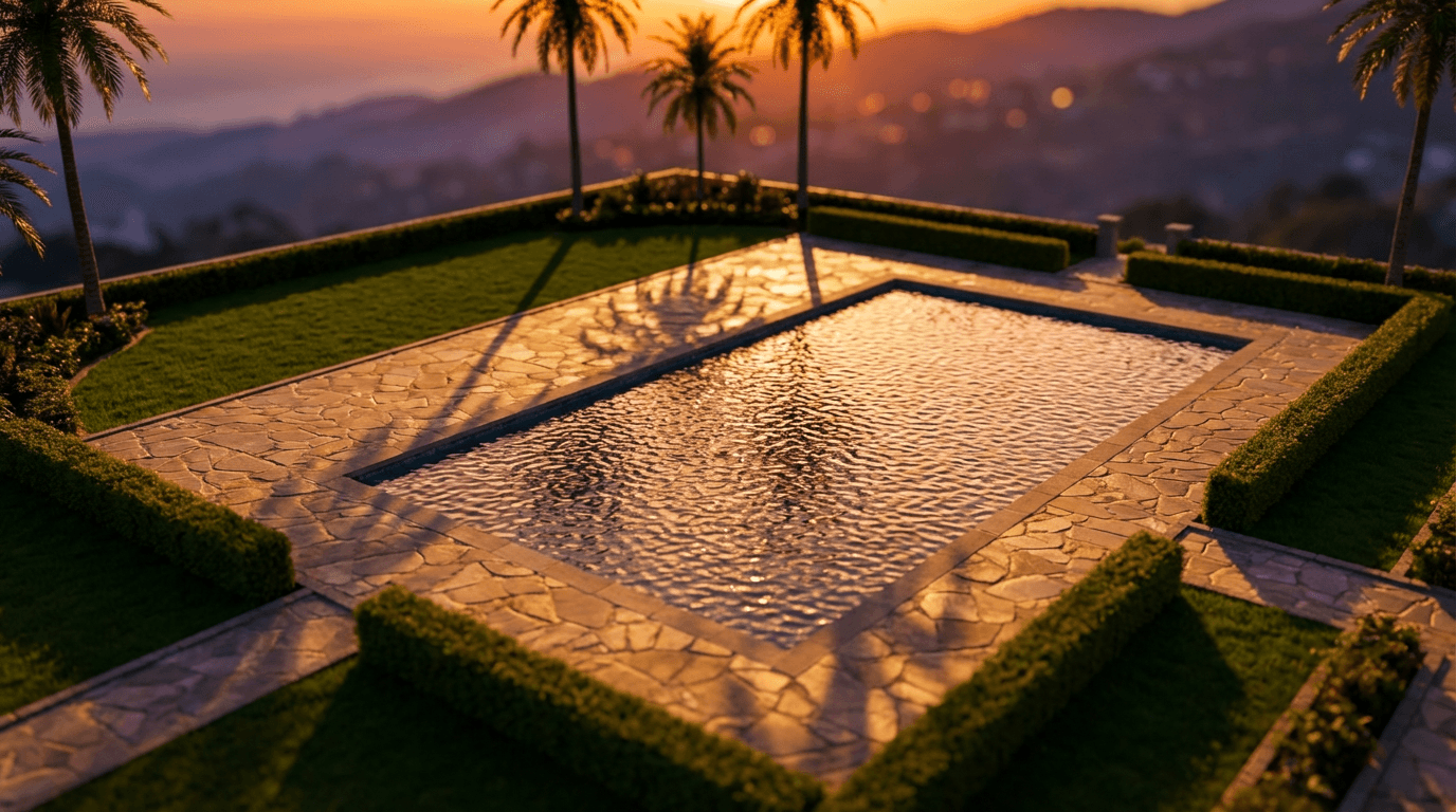 Aerial view of a modern luxury estate at golden hour with circular driveway