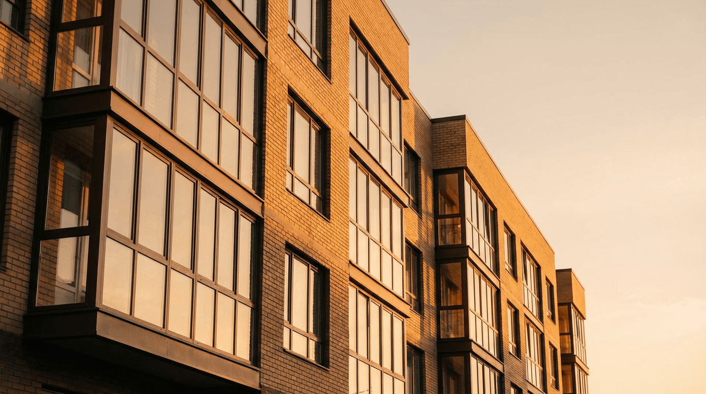 Modern high-rise building at golden hour, low angle shot with warm glass facade
