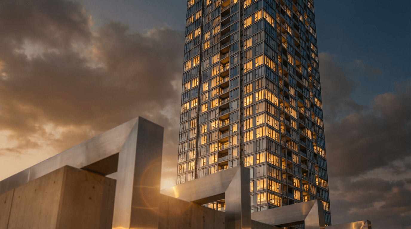 Modern luxury high-rise building at dusk with warm interior lights