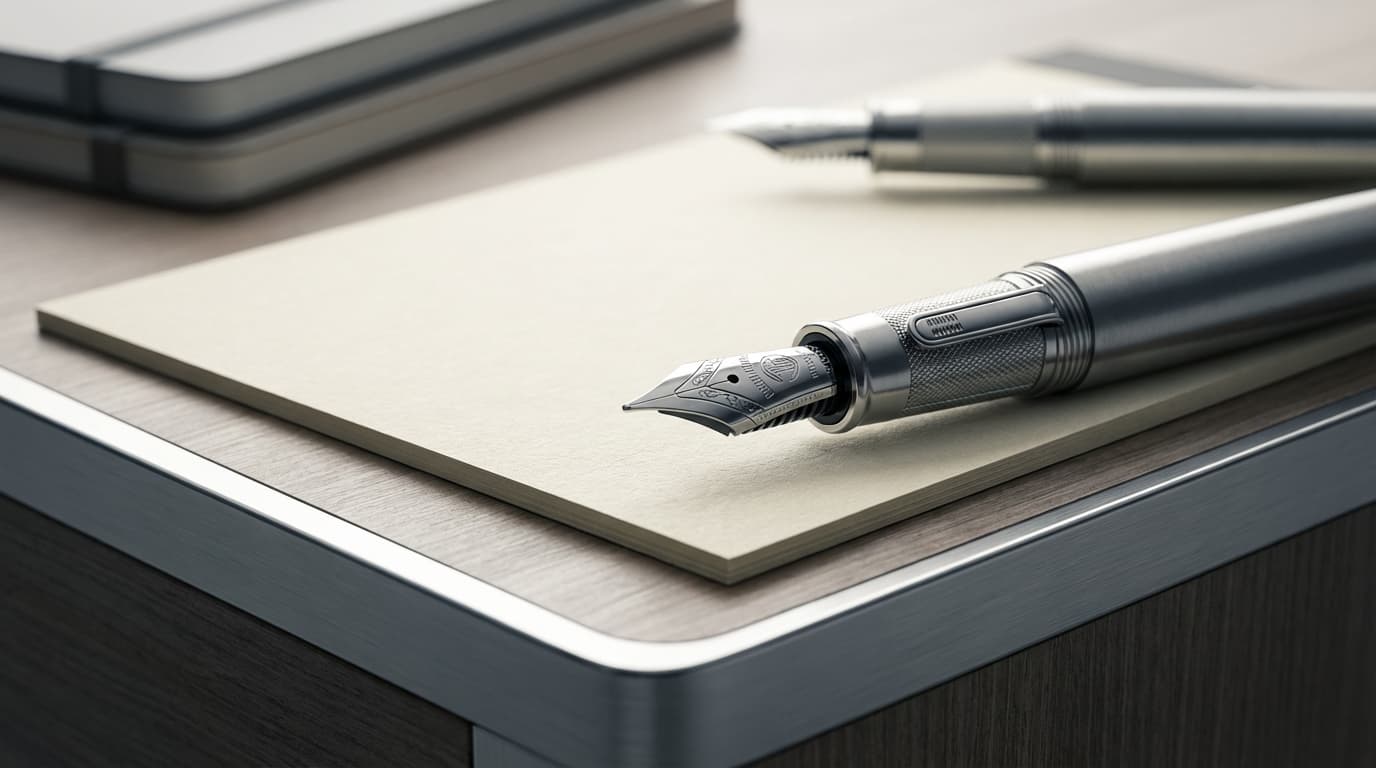 Fountain pen on cream paper on polished wood desk
