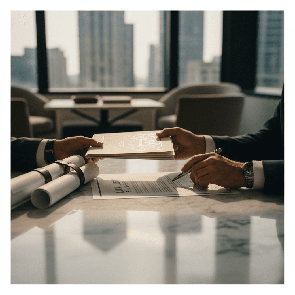 Hand signing real estate documents at a mahogany table with a fountain pen