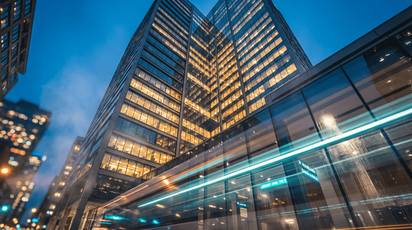 Glass skyscraper at dusk with warm golden reflections